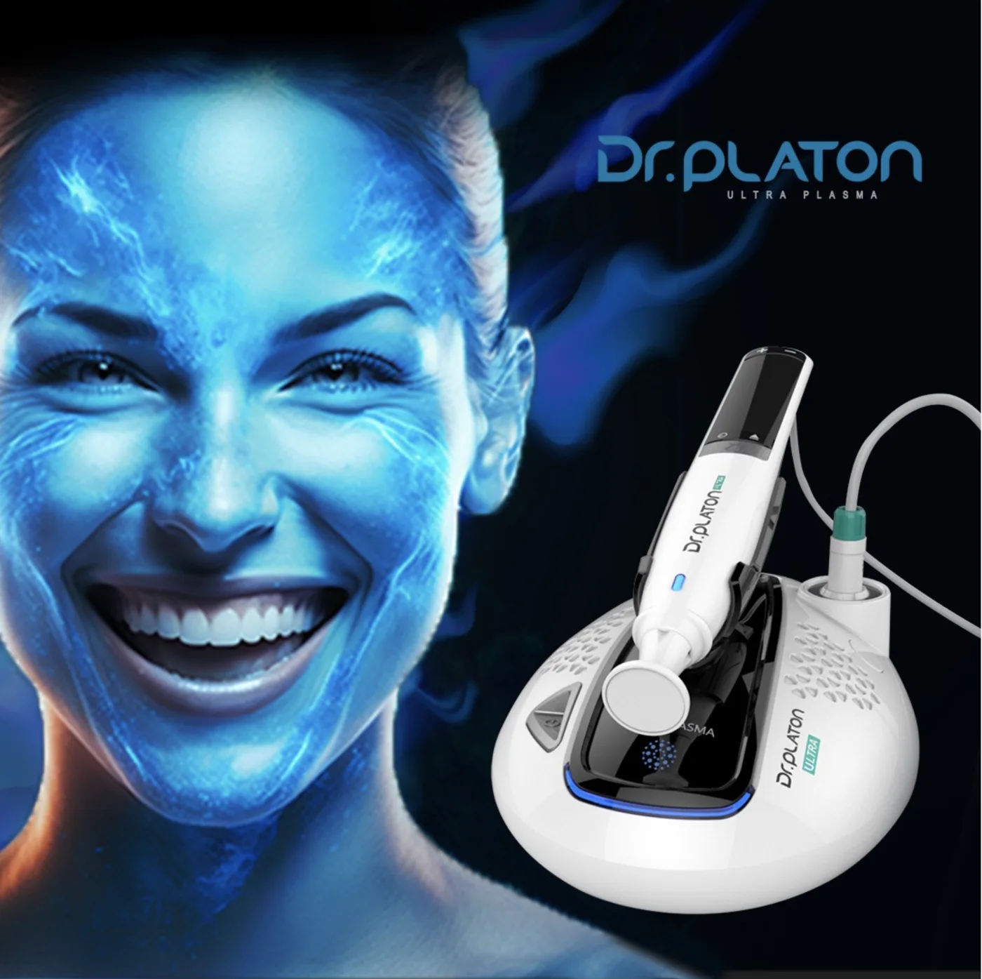 Dr. Platon Ultra Kaltplasma-Gerät neben einem lächelnden Gesicht mit blauem Plasma-Leuchten
