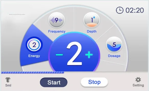 Touchscreen-Oberfläche mit Einstellungen für Energie, Frequenz, Tiefe und Dosierung
